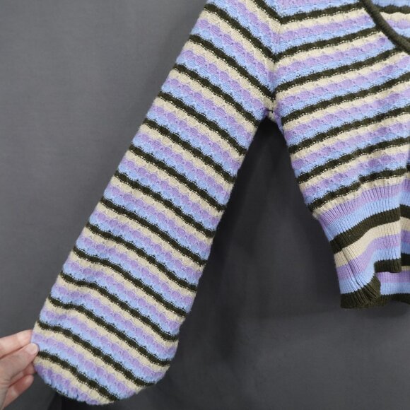 Womens Sweater Large Purple Green Cropped Y2K Bubble Sleeve Retro Preppy Indie - Picture 3 of 10